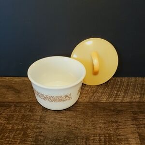 Pyrex Cream Bowl Woodland Floral Design and Yellow Lid